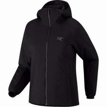 Front view of black Arcteryx Atom Hoody W with elastic cuffs and ribbed fabric texture