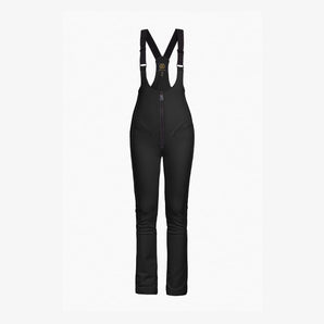 Front view black Goldbergh Phoebe ski salopette with X-back straps, front zipper and thigh pockets
