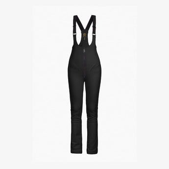 Front view black Goldbergh Phoebe ski salopette with X-back straps, front zipper and thigh pockets