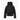 Black women's quilted down bomber jacket with hood and gray shoulder panel