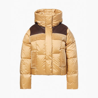 Goldbergh Rin Jkt W gold puffer jacket flat lay showing quilted texture and brown shoulder panel