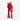 Red quilted down jacket front view holding ski