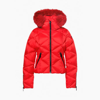 Red quilted down jacket flat lay with diagonal pockets
