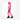 Pink quilted down jacket walking pose with ski boots