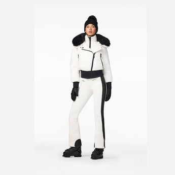 Women's white cropped ski jacket with asymmetrical zipper and faux fur hood