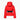 Red quilted down jacket back view with peplum hem and branded belt