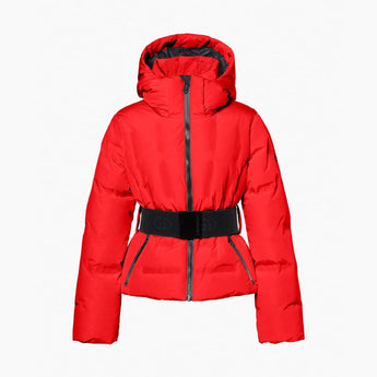 Red quilted down jacket front view with hood, zipper pockets and belt