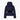 Navy blue quilted down jacket back view with peplum hem and branded belt