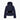 Navy blue quilted down jacket with hood and adjustable belt