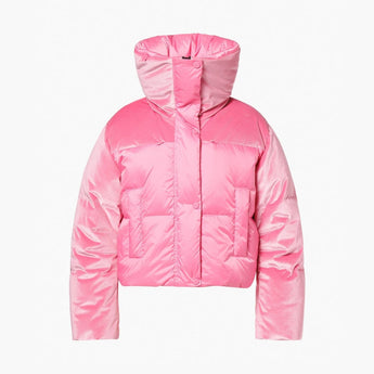 Pink cropped puffer jacket with velvet sleeves and hood