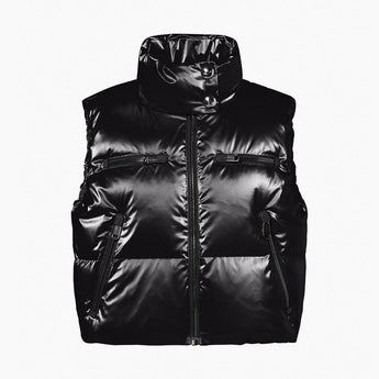 Black quilted down vest with stand-up collar and zippered pockets