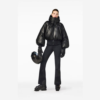 Black glossy puffer bomber jacket with hood and cropped fit for women