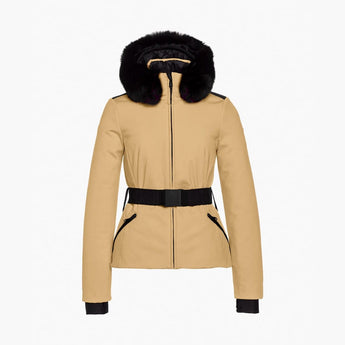 Beige Goldbergh Hida women's ski jacket with black faux fur hood and shoulder panels