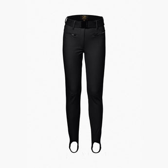 Front view black Goldbergh Paris Pant W ski pants with gold GD logo patch and zippered pockets