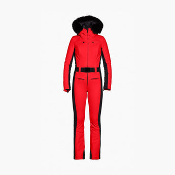 Red Goldbergh Parry ski suit front view with vertical panels and zippered pockets