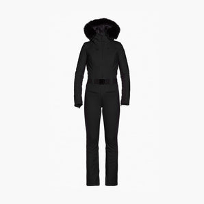 Goldbergh Parry black women's ski suit with faux fur hood and slim fit