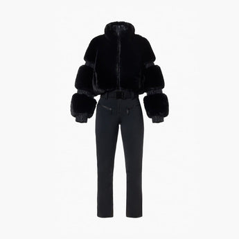 Black Goldbergh Lieke ski suit front view featuring high collar cropped jacket and slim-fit pants