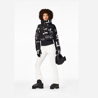 Front view of black puffer ski bomber jacket with white 'GOLDBERGH' text and zipper detail
