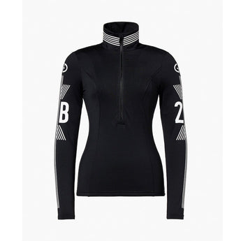Black Goldbergh Corsa women's half-zip midlayer front view with white stripes and graphics