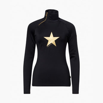 Black Goldbergh Hoshi turtleneck with diagonal shoulder zipper and centered gold star logo