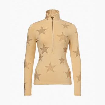 Beige Goldbergh Yura ski pullover flat lay with star-shaped zipper pull detail