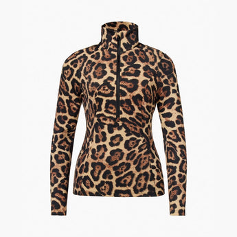 Front half-zip closure on Goldbergh Leona women's leopard print ski pullover