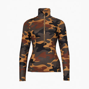 Goldbergh Mori flat lay ski pullover high collar gold zipper camouflage