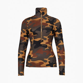 Goldbergh Mori flat lay ski pullover high collar gold zipper camouflage