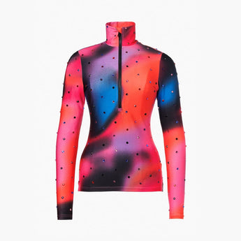 Front view of Goldbergh Koumi women's sparkly gradient ski pullover in red blue black