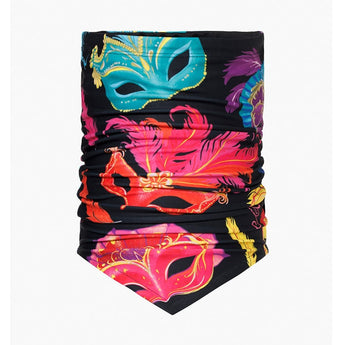 Black Goldbergh Mystica Neckwarmer with colorful carnival mask and feather print
