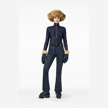 Goldbergh Yunnai women's dark blue denim ski pullover front view with zipper and pockets