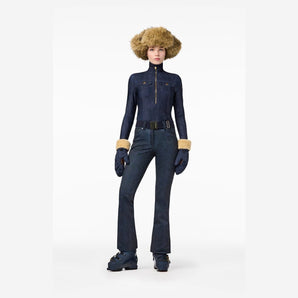 Goldbergh Yunnai women's dark blue denim ski pullover front view with zipper and pockets