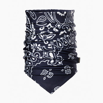 Navy blue Goldbergh Kizuna neckwarmer with white paisley floral pattern and soft stretch fabric
