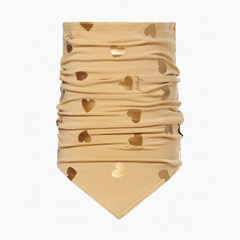 Beige Goldbergh neckwarmer featuring bronze and gold heart confetti print