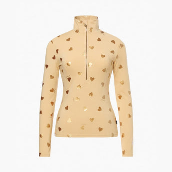 Beige Goldbergh Aimi slim fit pullover with bronze hearts and half-zip front
