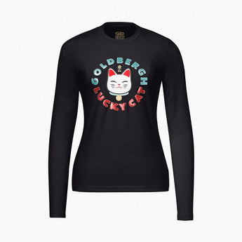 Black Goldbergh Lucky Cat graphic long sleeve shirt front detail