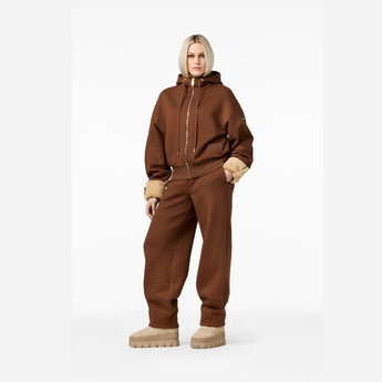Brown Goldbergh Seika hooded full zip cardigan with faux fur trim and relaxed fit