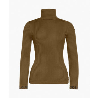 Goldbergh Mira ribbed knit turtleneck sweater in olive brown with cuff lettering