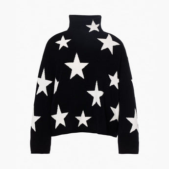 Black oversized turtleneck sweater with white star knit pattern