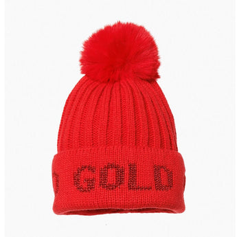 Red ribbed-knit Goldbergh Hodd Beanie with pom-pom and GOLD text on cuff