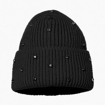 Black chunky knit beanie with rhinestone embellishments and folded cuff