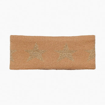 Tan knitted Goldbergh Cosmic Headband with three gold glitter stars