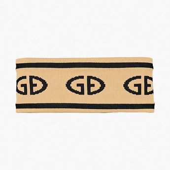 Beige knitted Goldbergh Tiara headband with black stripes and GD monogram flat lay