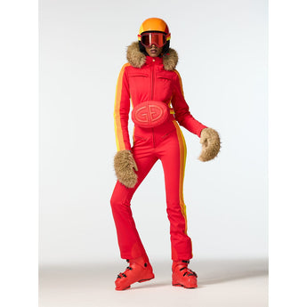 Red Goldbergh Tessare fanny pack with GB logo worn on ski suit