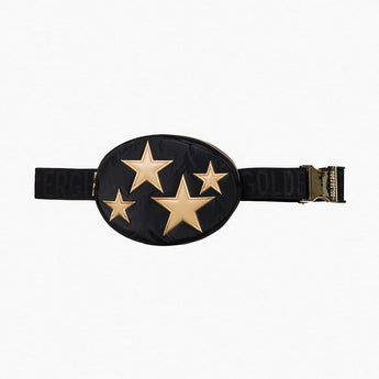 Black Goldbergh Amayi fanny pack with gold star appliqués and zipper