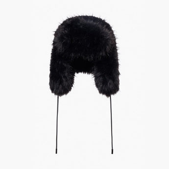 Front view of black faux fur pilot hat with rounded crown and cords