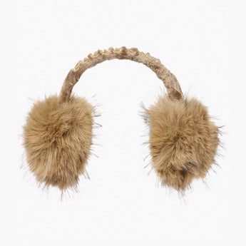 Light brown faux fur ear warmers with gold embellishments and ribbed headband
