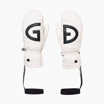 White quilted leather Goldbergh Bello mittens with black G and D logos, elastic cuffs, and adjustable wrist straps