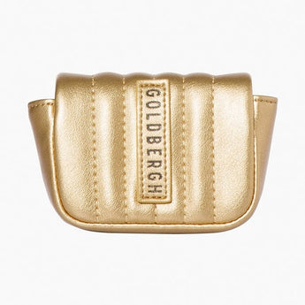 Close-up of gold Goldbergh Tesora small quilted bag showing texture and label