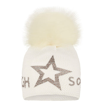 White knit beanie with silver rhinestone star accent